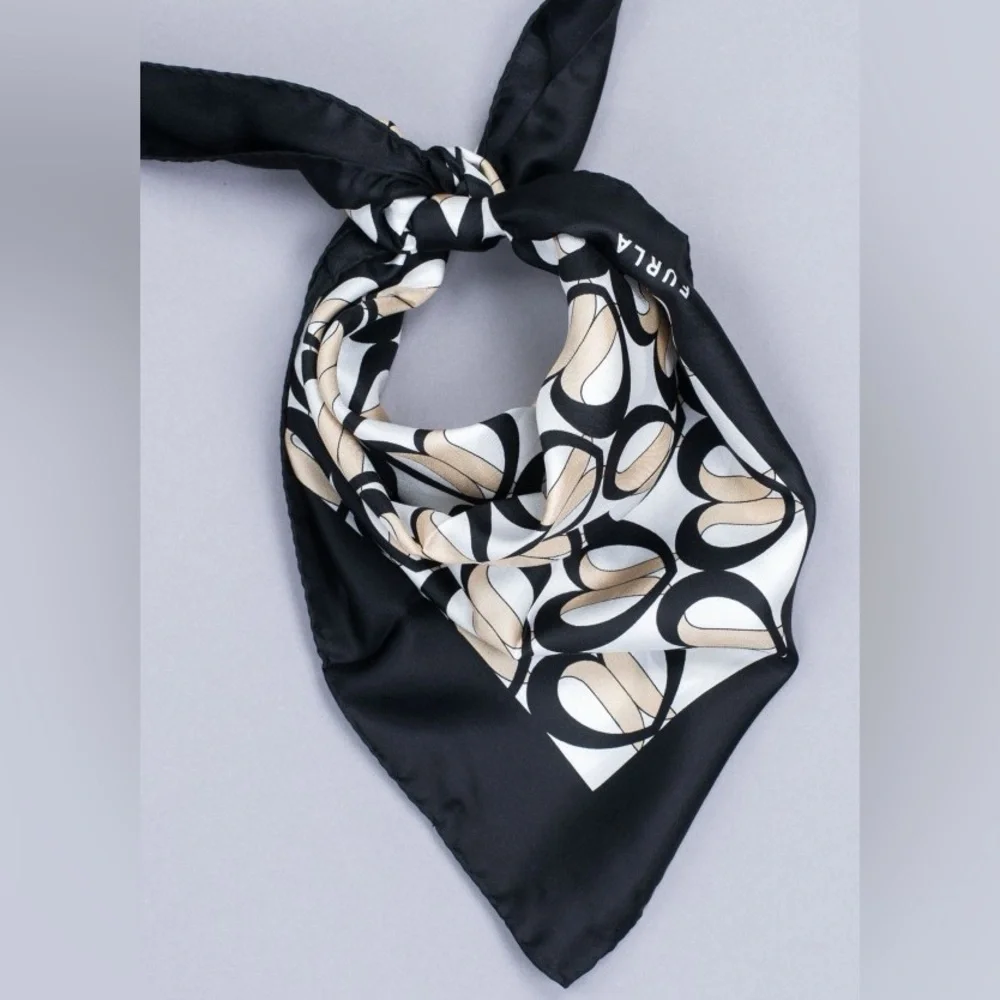 Furla Heart Print Square Scarf Black Cream Bandana Neck Scarf 23” Designer
